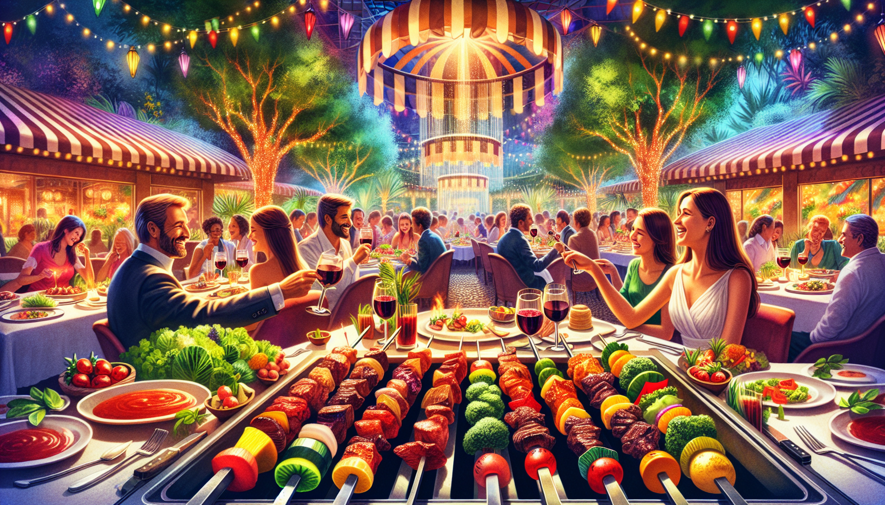 An elegant illustration depicting a unique dining experience at a Brazilian steakhouse.