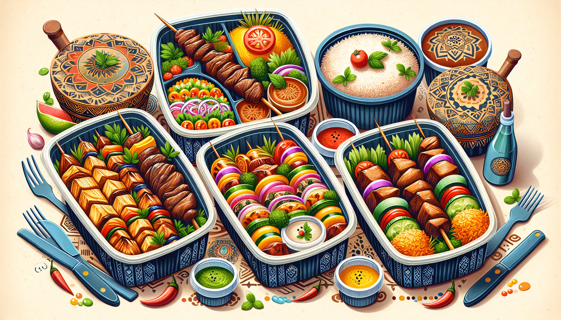 An artistic representation of to-go and catering services at a Brazilian steakhouse.