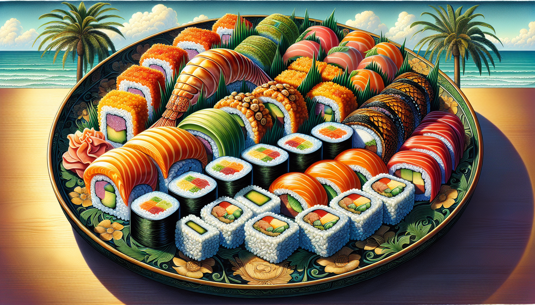 A variety of sushi rolls on a plate