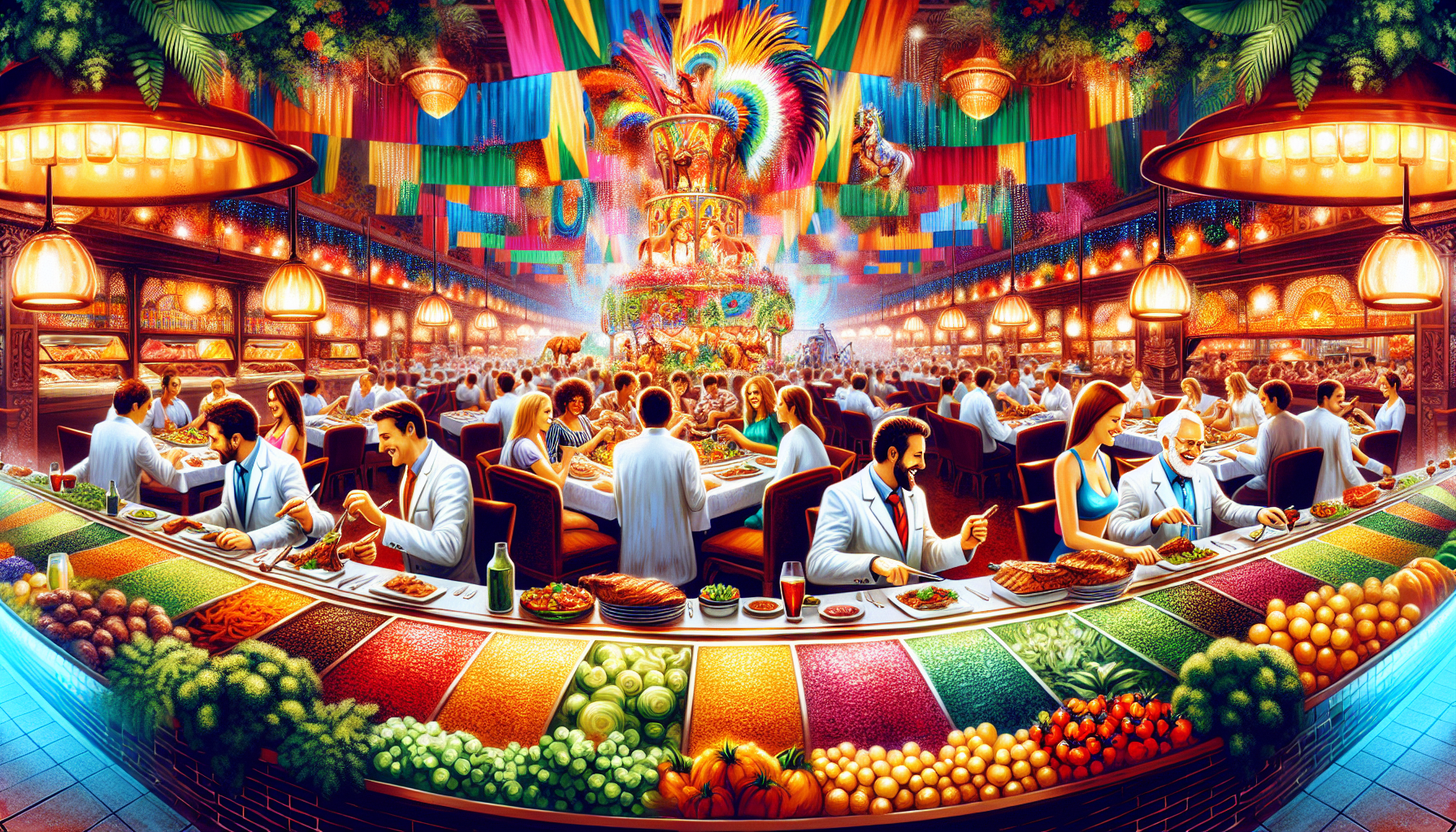 A vibrant illustration of a Brazilian steakhouse in Orlando, FL, showcasing a lively dining atmosphere.