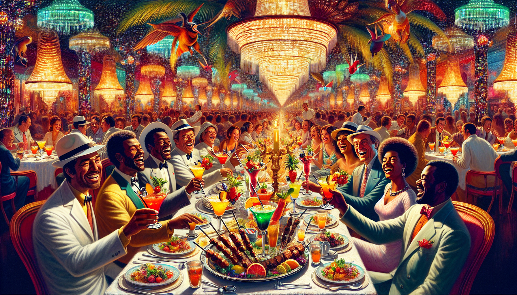 An illustration of a happy hour special at a Brazilian steakhouse, featuring signature cocktails and appetizers.