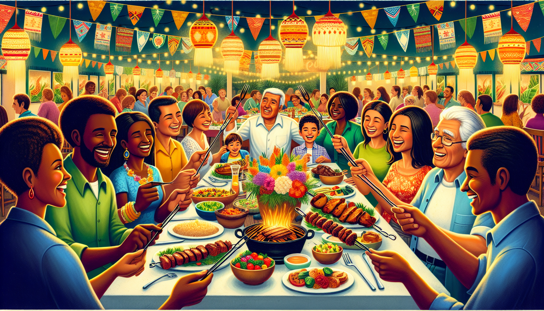 A festive illustration of a family gathering at a Brazilian steakhouse during a special event.